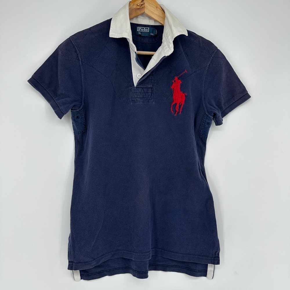 Vintage Polo Ralph Lauren Womens Large PONY logo polo shirt Preppy Blue Custom